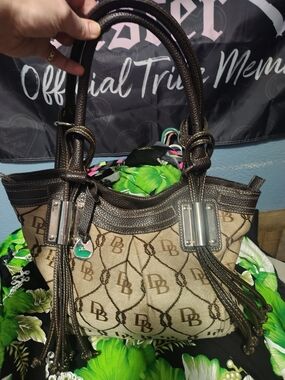 Dooney & Bourke Beige Monogram Shoulder Bag with Dark Brown Leather Trim